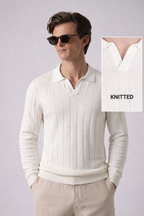 White Contour Textured Full Sleeves Knit Polo T-shirt