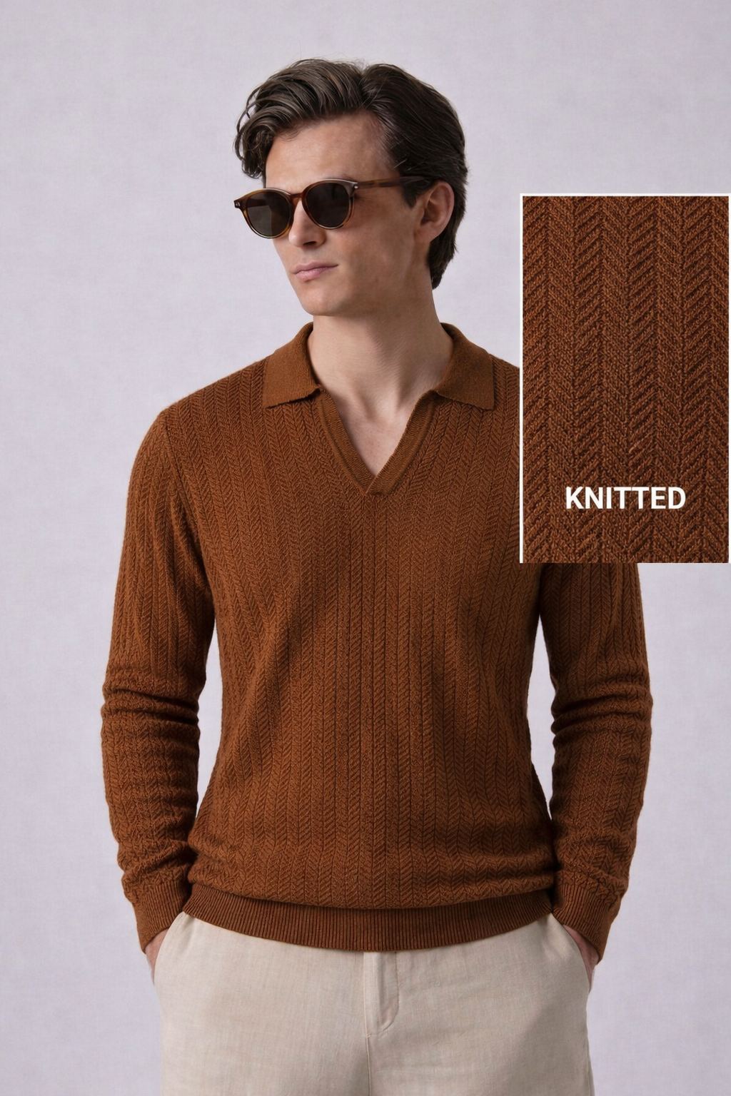 Brown Chevron Textured Half Sleeves Knit Polo T-Shirt
