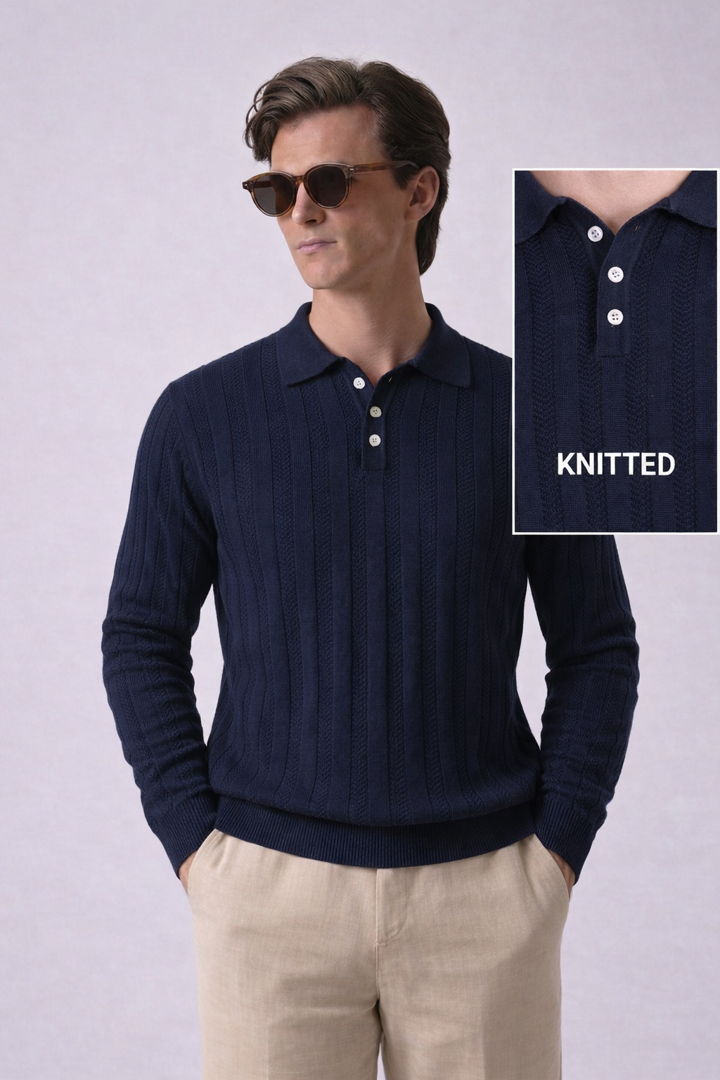 Navy Blue Chevron Textured Half Sleeves Knit Polo T-Shirt
