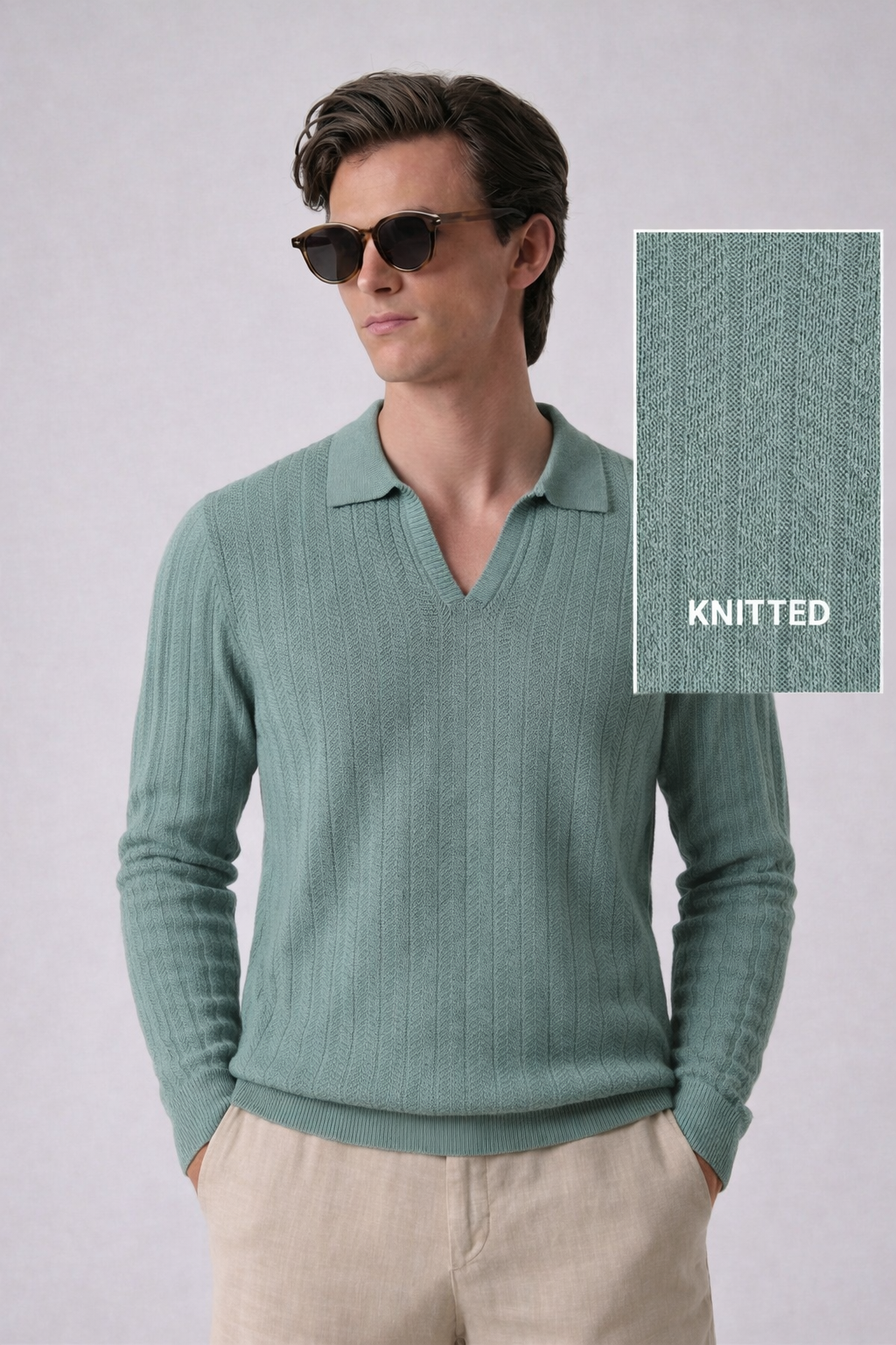 Sage Green Textured Half Sleeves Knit Polo T-Shirt