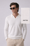 White Textured Full Sleeves Knit Polo T-Shirt