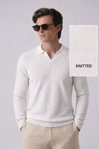 White Textured Full Sleeves Knit Polo T-Shirt