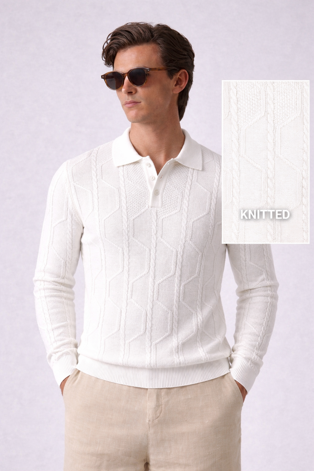 White Braided Textured Half Sleeves Knit Polo T-Shirt