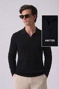 Black Textured Full Sleeves Knit Polo T-Shirt