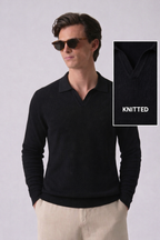Black Textured Full Sleeves Knit Polo T-Shirt
