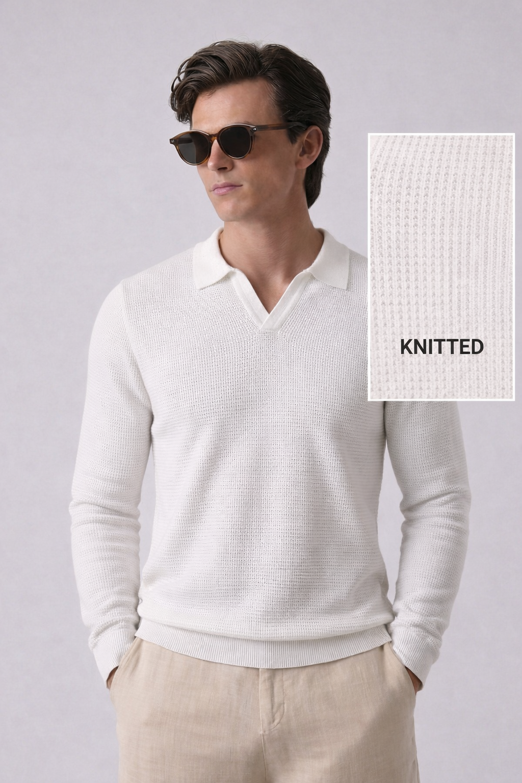 White Textured Half Sleeves Knit Polo T-Shirt
