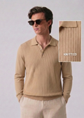 Beige Textured Full Sleeves Knit Polo T-Shirt