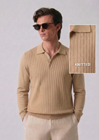 Beige Textured Full Sleeves Knit Polo T-Shirt