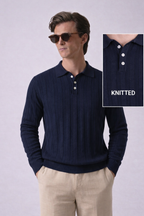 Navy Blue Chevron Textured Full Sleeves Knit Polo T-Shirt
