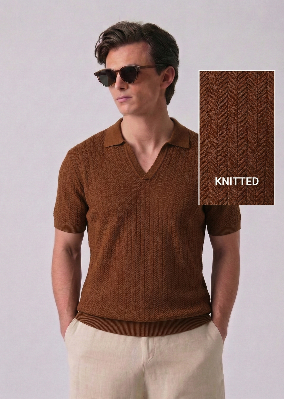 Brown Chevron Textured Full Sleeves Knit Polo T-Shirt