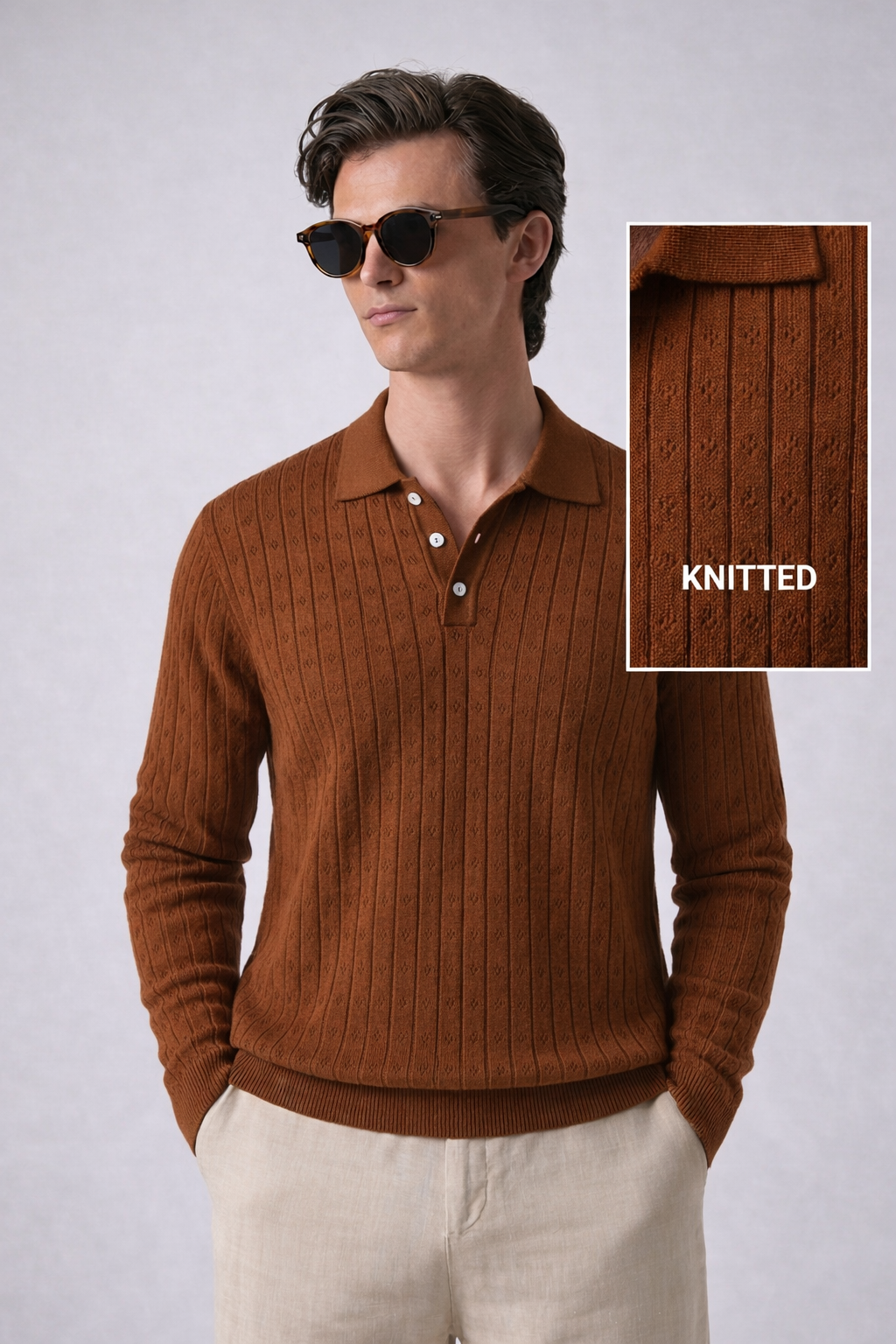 Espresso Textured Half Sleeves Knit Polo T-Shirt
