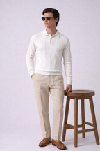 White Braided Textured Half Sleeves Knit Polo T-Shirt