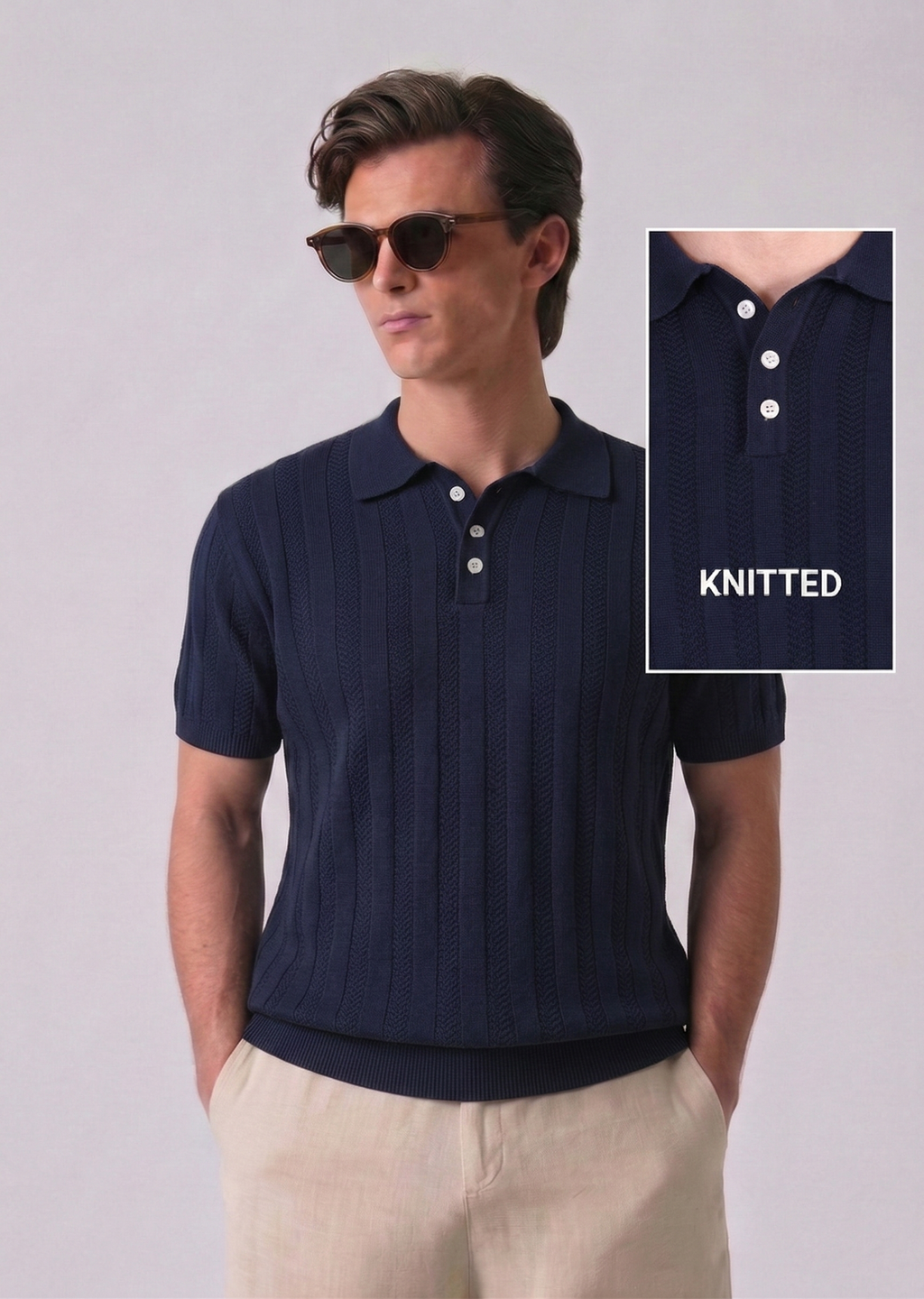 Navy Blue Chevron Textured Half Sleeves Knit Polo T-Shirt