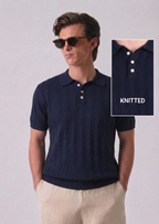 Navy Blue Chevron Textured Half Sleeves Knit Polo T-Shirt