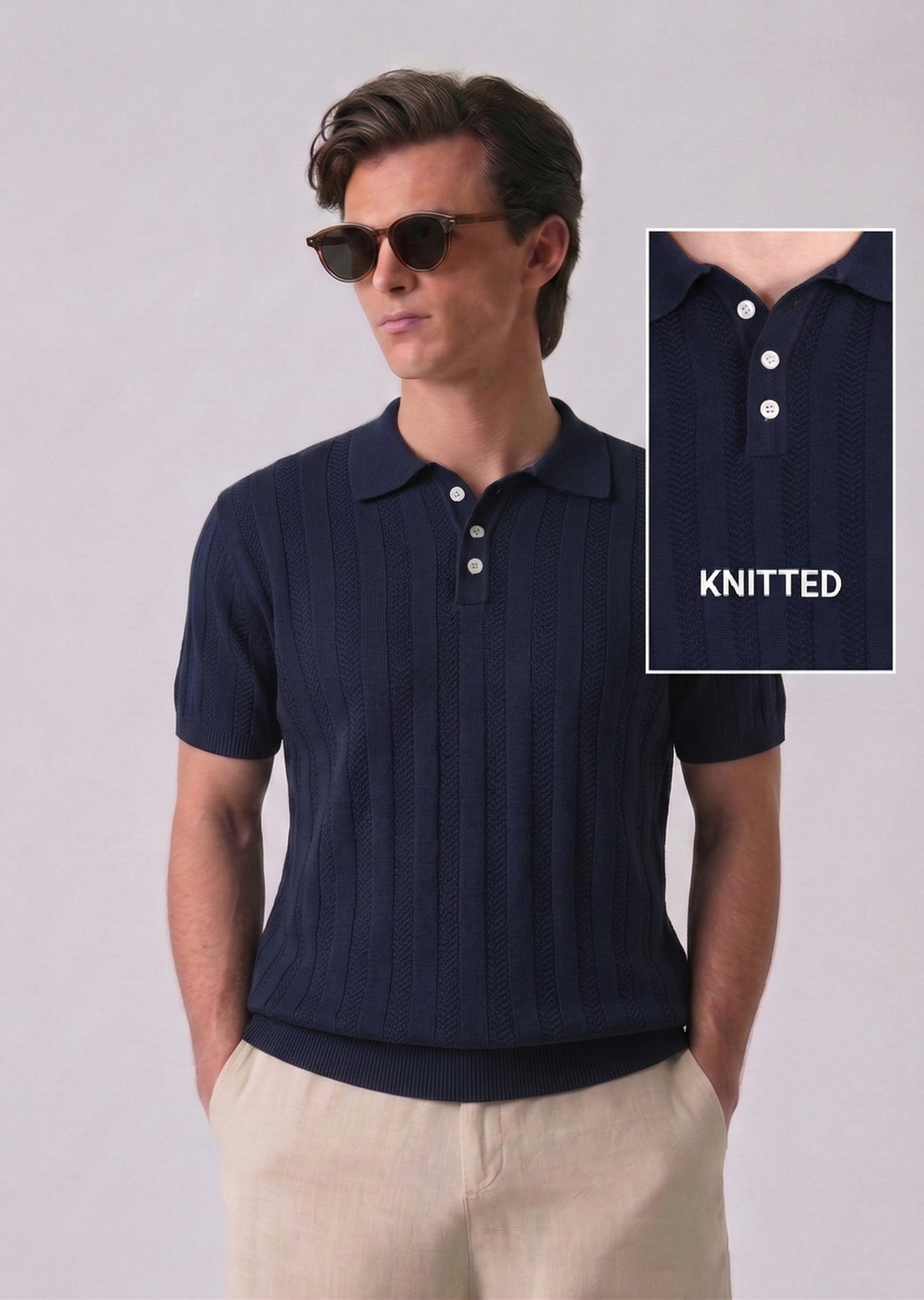 Navy Blue Chevron Textured Half Sleeves Knit Polo T-Shirt