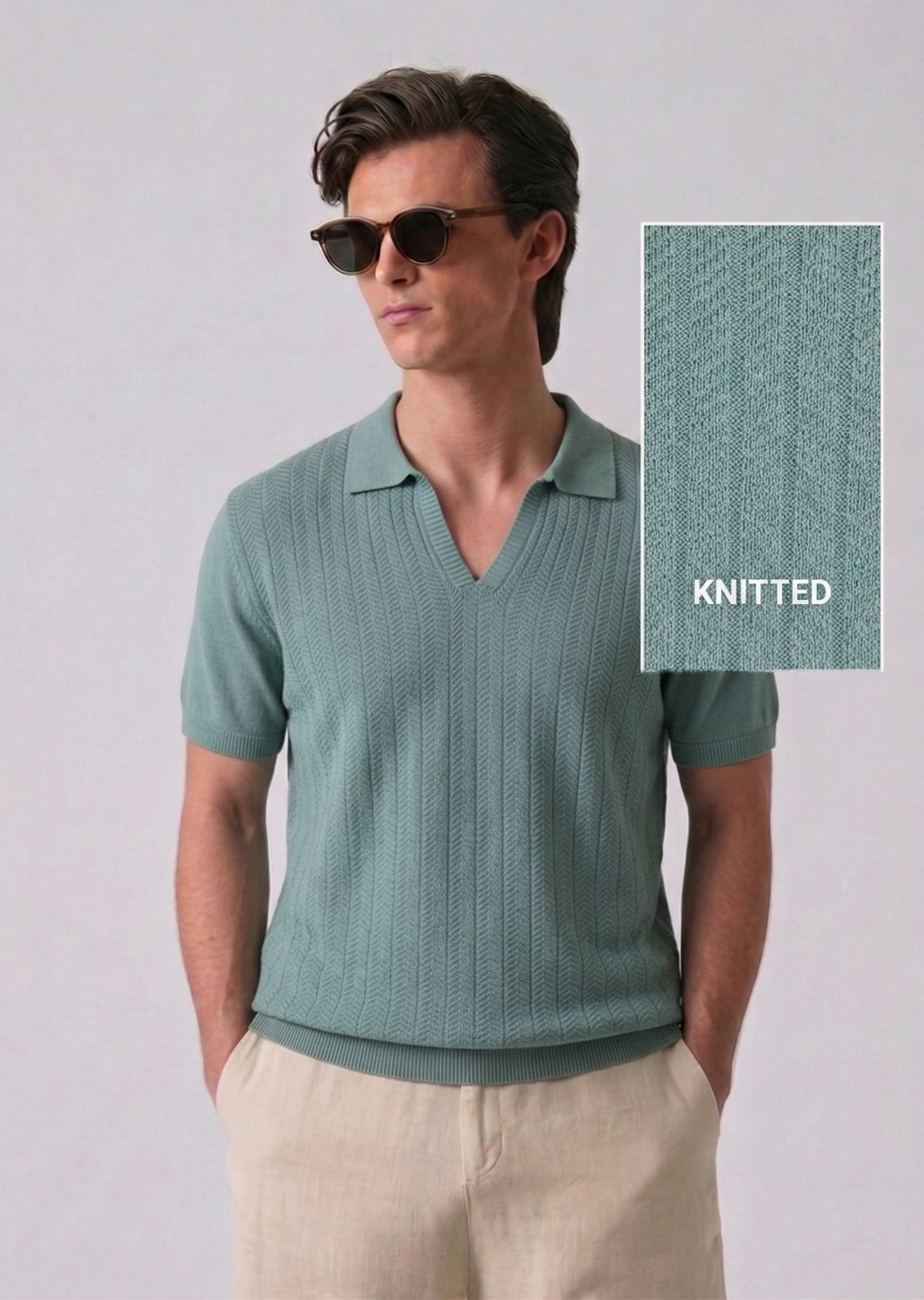 Sage Green Textured Full Sleeves Knit Polo T-Shirt