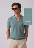 Sage Green Textured Half Sleeves Knit Polo T-Shirt