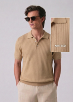 Beige Textured Half Sleeves Knit Polo T-Shirt