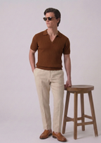 Brown Chevron Textured Half Sleeves Knit Polo T-Shirt