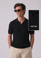 Black Textured Half Sleeves Knit Polo T-Shirt