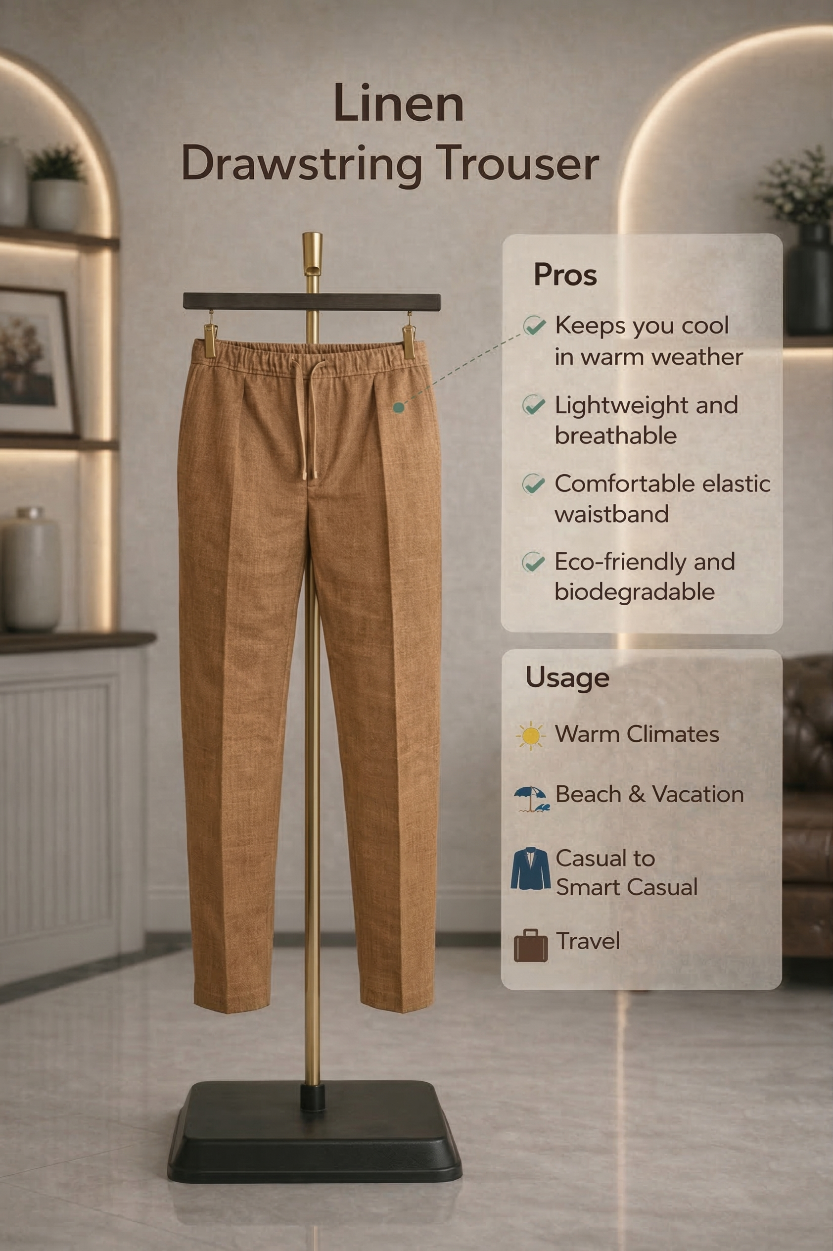 Brown Linen Drawstring Trouser Pant by French Cuff