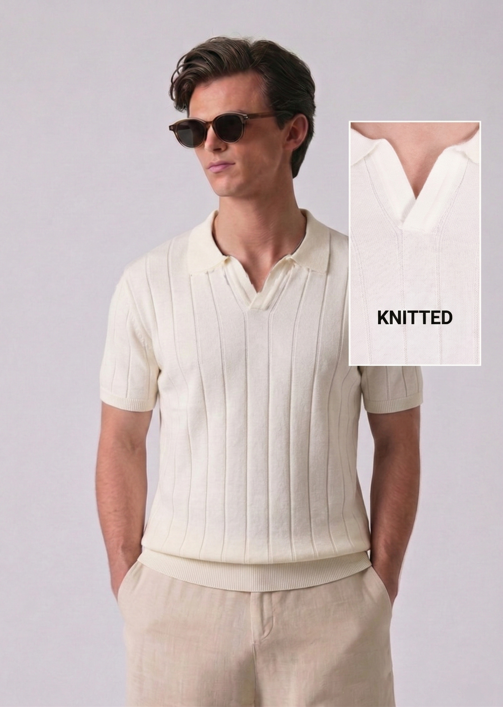 White Contour Textured Full Sleeves Knit Polo T-shirt