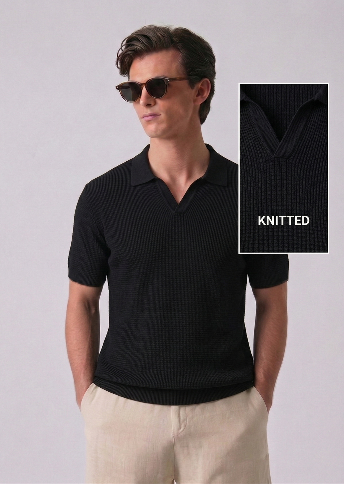 Black Textured Full Sleeves Knit Polo T-Shirt