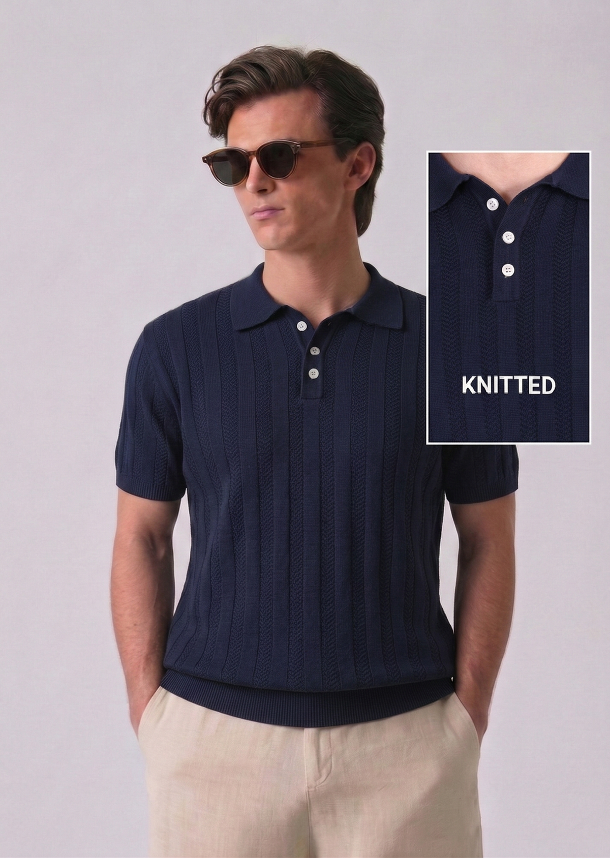 Navy Blue Chevron Textured Full Sleeves Knit Polo T-Shirt
