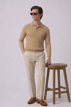 Beige Textured Full Sleeves Knit Polo T-Shirt