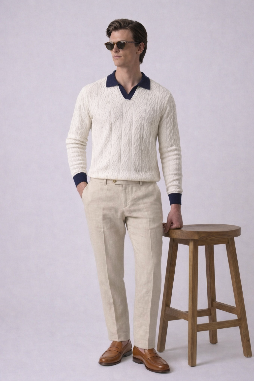 White Aran Textured Half Sleeves Knit Polo T-Shirt