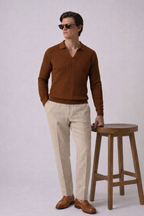 Brown Chevron Textured Full Sleeves Knit Polo T-Shirt