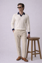 White Aran Textured Full Sleeves Knit Polo T-Shirt