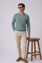 Sage Green Textured Full Sleeves Knit Polo T-Shirt