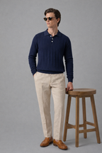 Navy Blue Chevron Textured Half Sleeves Knit Polo T-Shirt