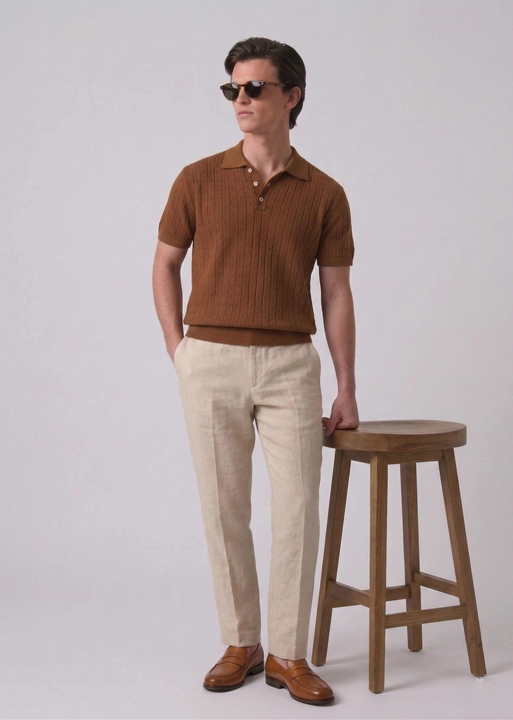 Espresso Textured Half Sleeves Knit Polo T-Shirt