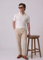 White Braided Textured Half Sleeves Knit Polo T-Shirt