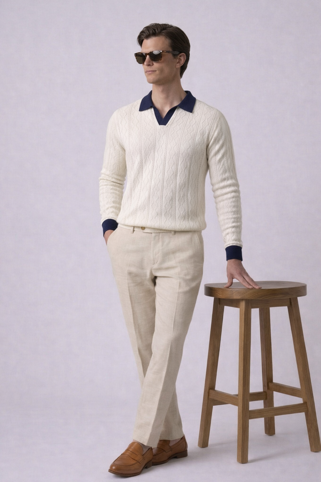 White Aran Textured Half Sleeves Knit Polo T-Shirt