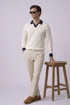 White Aran Textured Half Sleeves Knit Polo T-Shirt