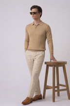 Beige Textured Full Sleeves Knit Polo T-Shirt