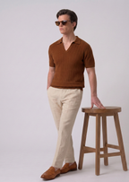 Brown Chevron Textured Full Sleeves Knit Polo T-Shirt
