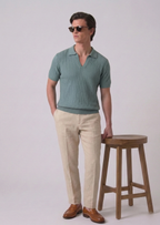 Sage Green Textured Half Sleeves Knit Polo T-Shirt