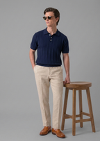 Navy Blue Chevron Textured Full Sleeves Knit Polo T-Shirt