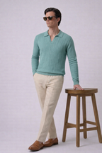 Sage Green Textured Half Sleeves Knit Polo T-Shirt