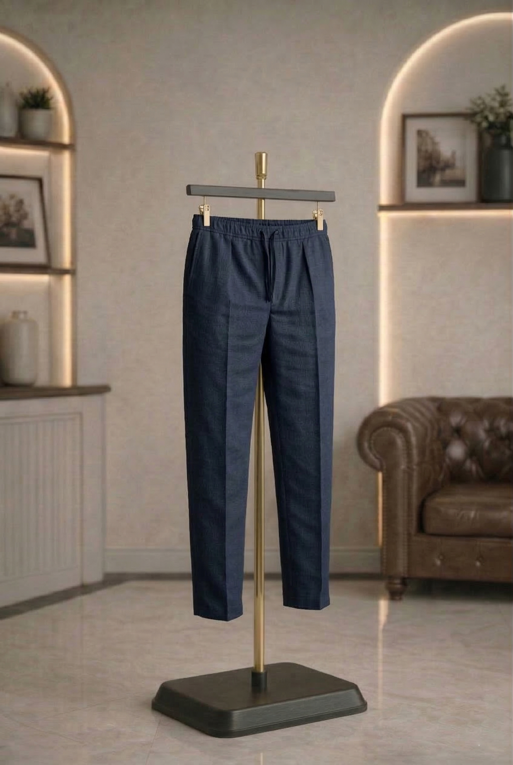 Navy Blue Linen Drawstring Trouser Pant by French Cuff
