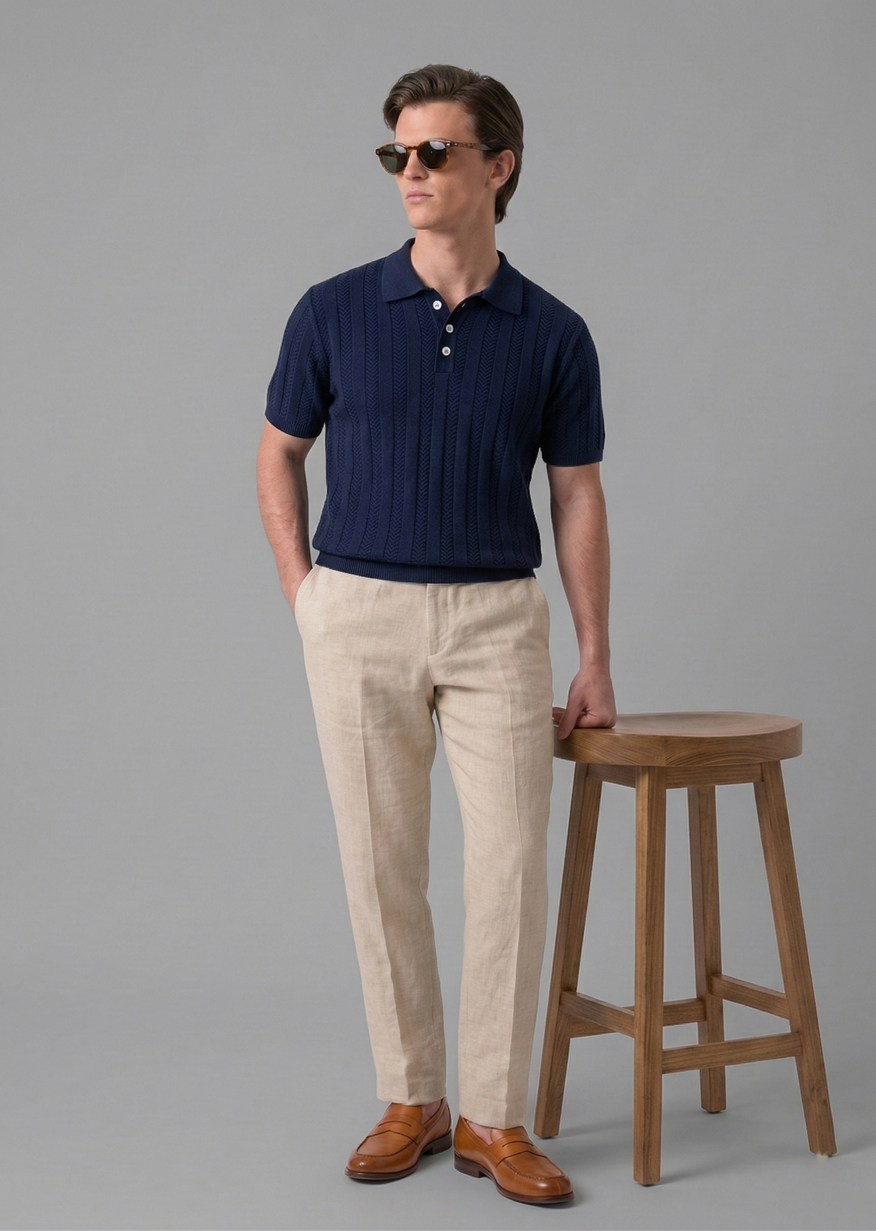 Navy Blue Chevron Textured Half Sleeves Knit Polo T-Shirt