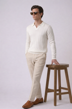 White Contour Textured Full Sleeves Knit Polo T-shirt