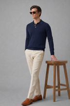Navy Blue Chevron Textured Full Sleeves Knit Polo T-Shirt