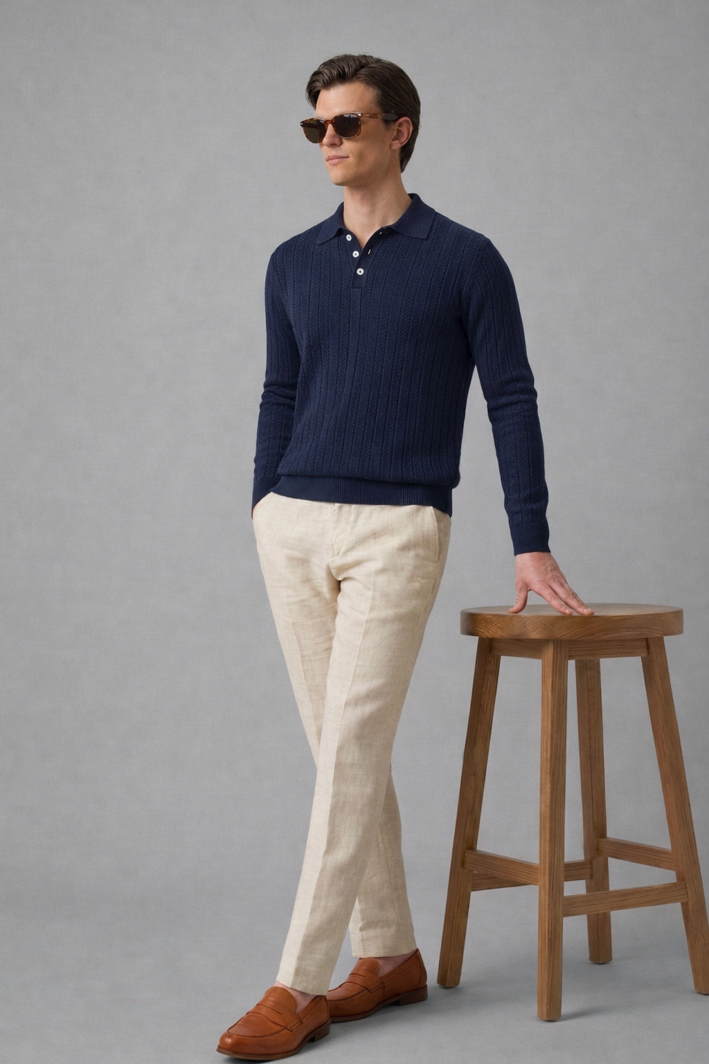 Navy Blue Chevron Textured Half Sleeves Knit Polo T-Shirt