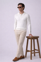 White Braided Textured Full Sleeves Knit Polo T-Shirt