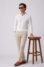 White Textured Full Sleeves Knit Polo T-Shirt